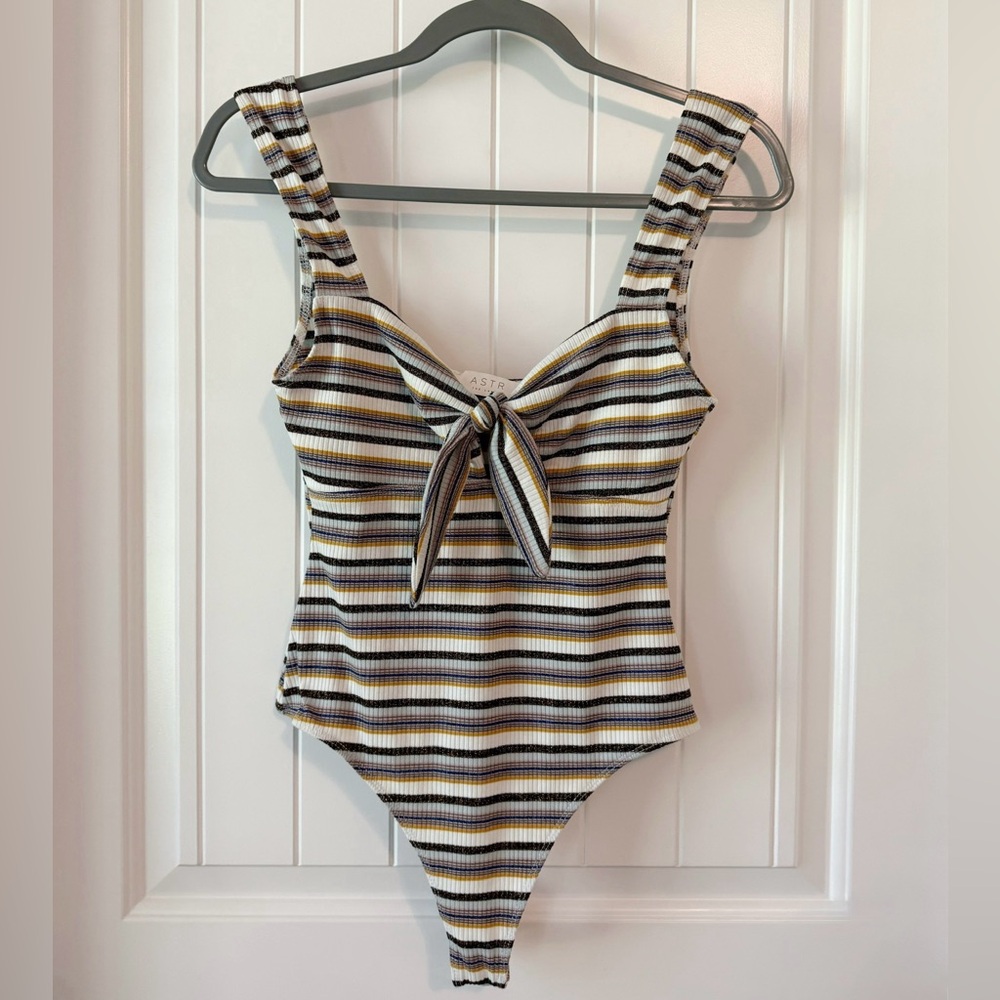 ASTR The Label Striped Tie-Front Bodysuit